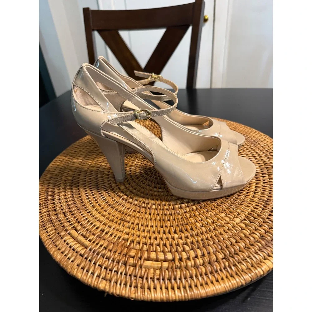 Franco Sarto Nude Patent Peep Toe Platform Heels Ankle Strap Pumps Size 8.5M